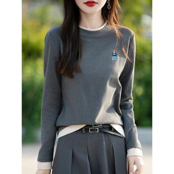 雙面磨毛德絨圓領打底衫女假兩件撞色寬松保暖內搭拼色刺繡上衣