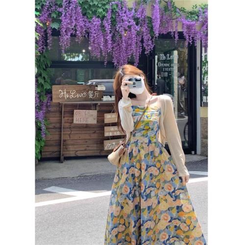 法式復古油畫碎花吊帶連衣裙收腰顯瘦海邊度假沙灘抹胸長裙兩件套