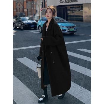 赫本黑色雙面羊駝大衣女2024冬季新款寬松加厚慵懶長款羊毛呢外套