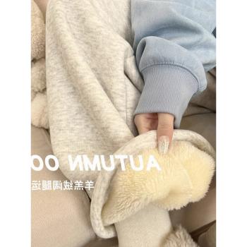 灰色羊羔絨闊腿褲女秋冬裝加絨加厚束腳保暖褲小個子休閑運動衛褲