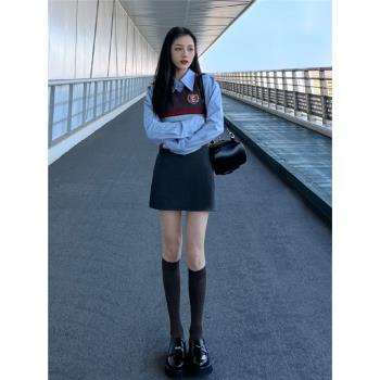 減齡美式辣妹藍色馬甲三件套襯衫