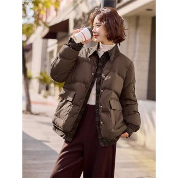 歐貨時髦假兩件羽絨服女2024冬新款時尚洋氣格子拼接翻領休閑外套
