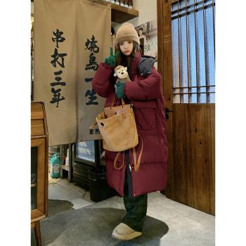 酒紅色連帽羽絨服女中長款冬2025新款高階感加厚麵包服白鴨絨外套