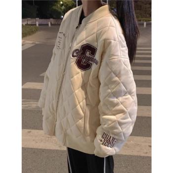 奶fufu菱格棒球服女2024冬季新款學生棉服保暖加厚棉衣夾克外套潮