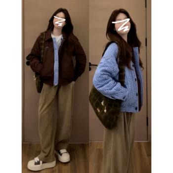 美式復古雙面穿藍色外套女秋冬季高階感撞色棉服短款工裝夾克上衣