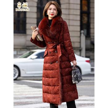 帛媛紅色香雲紗羽絨服女長款加厚鵝絨服時尚腰帶狐貍毛領外套修身