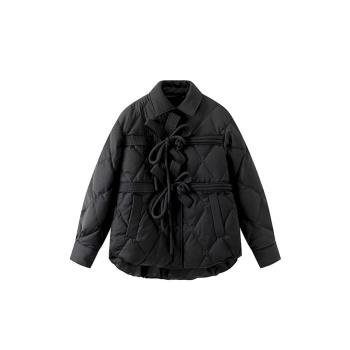 艾格羽絨服女冬季新款黑色新中式蝴蝶結外套中長款寬松廓形高級感