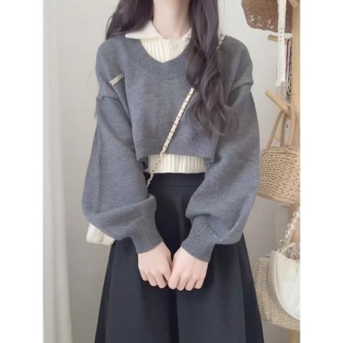 學院風短款POLO領毛衣女春季2026新款高腰設計感兩件套針織衫上衣