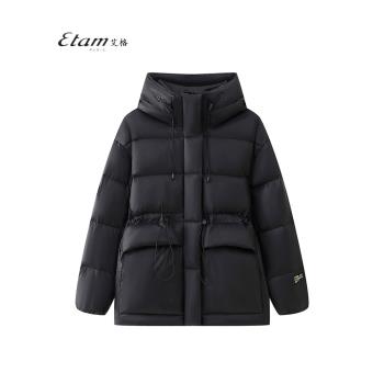 艾格黑金羽絨服女冬季新款白鴨絨長款收腰連帽外套小個子短款加厚