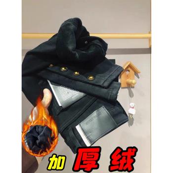 歐貨加絨煙管褲女2022冬季加厚新款牛仔紐扣褲腳八分小個子直筒褲