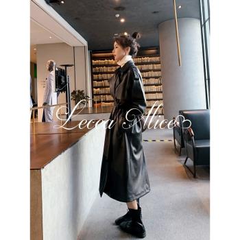 Lecea Alice黑色皮衣外套女2024秋季新款韓版寬松收腰中長款風衣