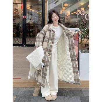 格子牛角扣毛呢大衣羽絨服內膽女冬2025新款高階感加厚白鴨絨外套