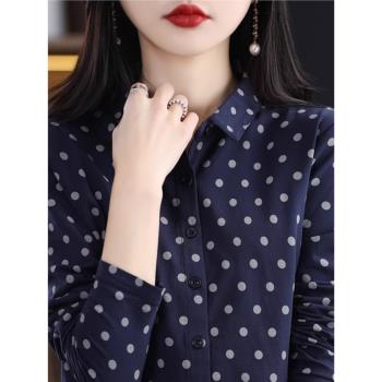 春季新款女士襯衫POLO領開衫純棉寬松波點洋氣長袖襯衫寬松打底衫