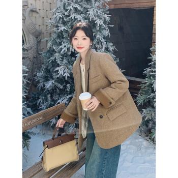 卡其色西裝毛呢羽絨服女冬2025新款小眾高階設計感保暖白鴨絨外套
