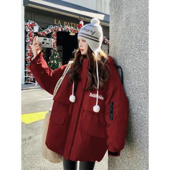 紅色休閑連帽工裝羽絨服女冬季2025新款超好看加厚保暖白鴨絨外套
