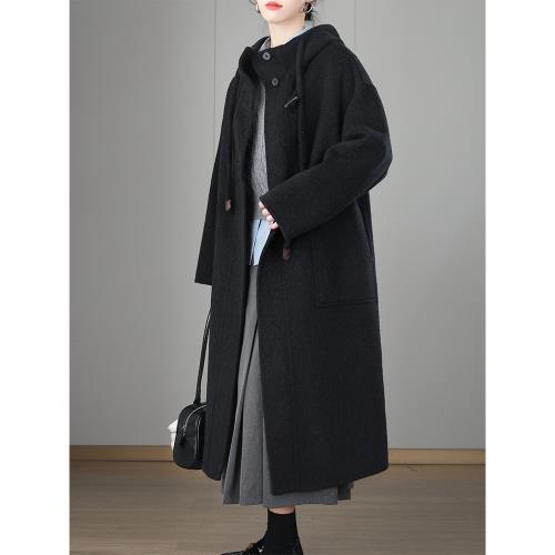 連帽雙面羊絨大衣女款2025新款秋冬季牛角扣羊毛寬松黑色毛呢外套