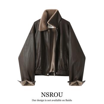 NSROU美式復古小個子加絨皮衣外套女秋冬季獨特超好看羊羔毛夾克