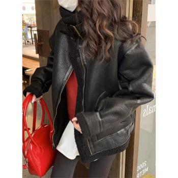皮毛一體加絨皮衣女秋冬季立領羊羔絨棉衣外套女士加厚機車皮夾克