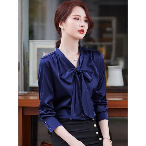 垂感飄帶蝴蝶結長袖高端襯衫女設計感小眾氣質仿醋酸緞面上衣襯衣
