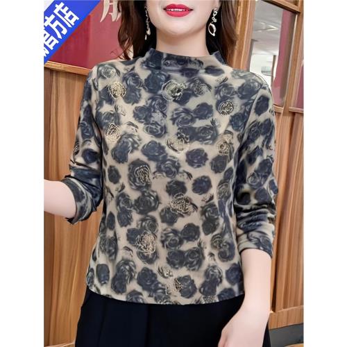 秋季新款洋氣印花鏤空長袖上衣女休閑百搭媽媽裝寬松顯瘦彈力小衫