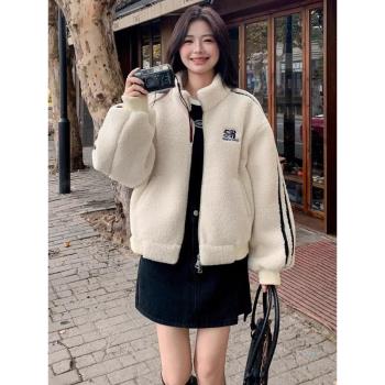 高階羊羔毛短款外套女秋冬季休閑夾棉加厚小個子顆粒絨棒球服上衣