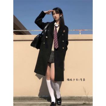 韓版修身JK制服雙排扣呢子大衣中長款秋冬學院風黑色毛呢外套加厚