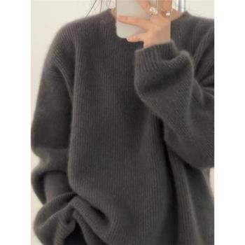 深灰色毛衣女秋冬內搭高階感套頭羊絨打底衫慵懶軟糯浣熊絨羊毛衫