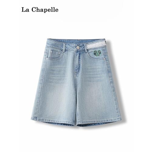 拉夏貝爾時尚淺色繡花牛仔短褲女2025秋季新款氣質a字薄款中褲子