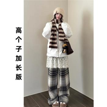 高個子高腰拖地格子闊腿褲女春季保暖加長版175加絨慵懶感休閑褲