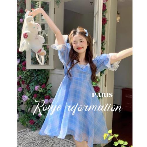 Rouje Reformation法式別致蕾絲邊拼接泡泡袖V領小個子網紗連衣裙