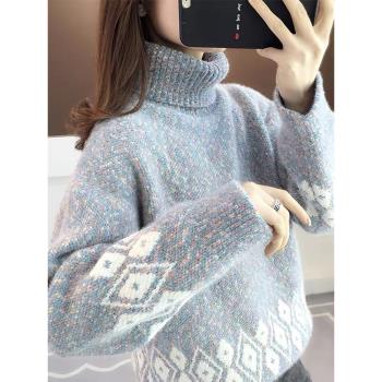 雪尼爾毛衣女冬季加厚兩翻領時尚上衣寬松百搭高領針織打底衫長袖