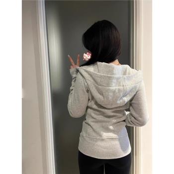 花灰色短外套女秋2024新款修身顯瘦秋冬季連帽開衫衛衣小個子上衣