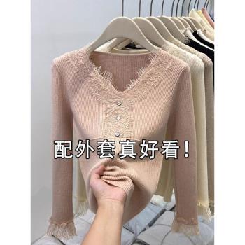 蕾絲拼接V領針織衫女裝春季流行風格小香風內搭配大衣打底衫上衣