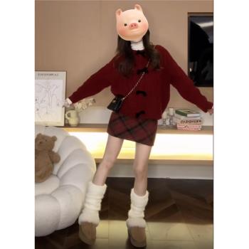 聖誕節紅色蝴蝶結毛衣外套女款2025新款秋冬季加厚慵懶風針織開衫