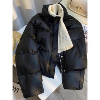 顯瘦皮質羽絨服高級感90白鴨絨時尚氣質麵包服加厚