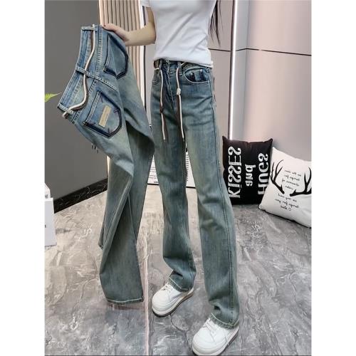 窄版彈力直筒牛仔褲女2025年新款秋季大碼胖mm顯瘦刺繡拖地闊腿褲