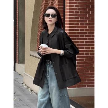 時尚高階感純色翻領皮衣外套女春季新款減齡寬松顯瘦通勤百搭上衣