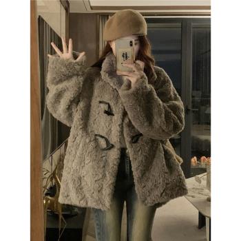羊羔毛小香風外套女2025新款秋冬季洋氣牛角扣加絨加厚保暖棉衣服