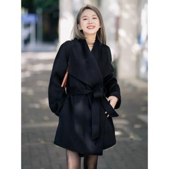 黑色雙面羊絨大衣女款2024新款短款雙面尼小個子修身減齡毛呢外套