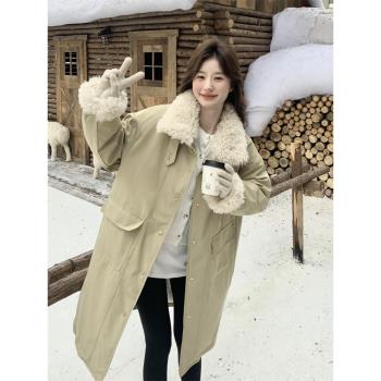 羊羔毛領中長款羽絨服女冬季2025新款中長款韓系派克服超好看爆款