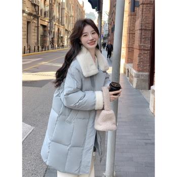 羊羔毛翻領藍色羽絨服女冬季2024新款中長款保暖加厚流行超好看