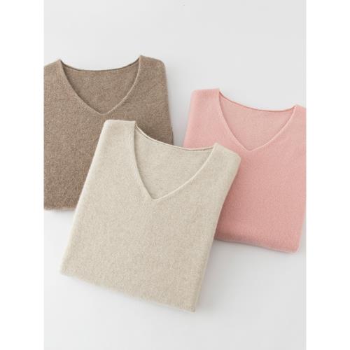 特價~100羊絨衫女V領毛衣2024秋冬季新款卷邊低領羊毛針織打底衫