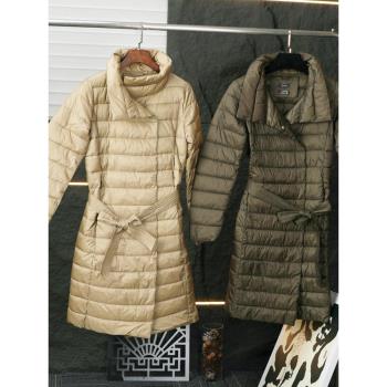 外貿E家中長款3M薄款棉服女秋冬 高品質腰帶休閑保暖羽絨質感外套
