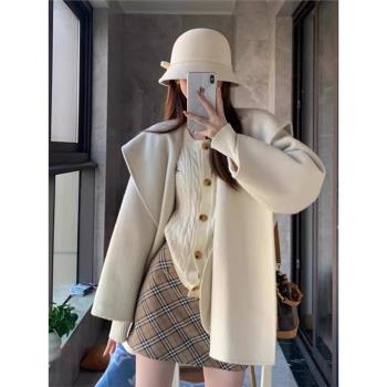 白色短款雙面羊絨大衣女2024新款秋冬季小個子斗篷呢子羊毛呢外套