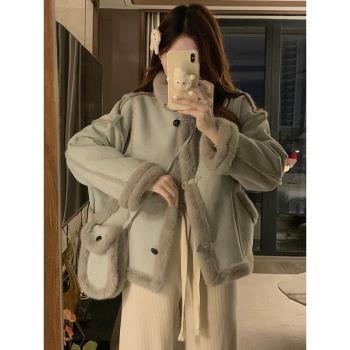 小個子皮毛一體外套女冬2025新爆款寬松麂皮加絨加厚保暖夾克棉衣