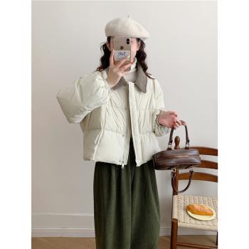 初吾家2024冬新小個子韓版短款小翻領拼接撞色羽絨服白鴨絨女寬松