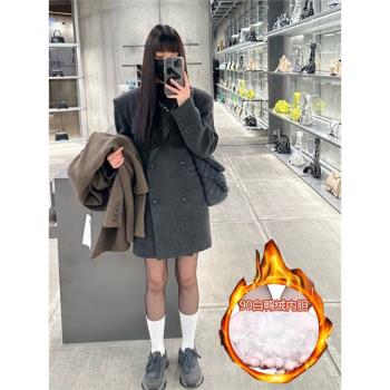 灰色羽絨內膽西裝毛呢外套女小個子加厚冬季2024新款羽絨呢子大衣