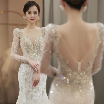 魚尾輕婚紗長袖法式小個子重工敬酒禮服裙迎賓出門紗夜店酒吧KTV