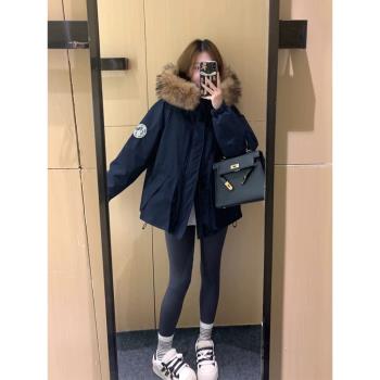 2024新款冬季羽絨棉服女大毛領工裝派克服棉襖加厚保暖情侶外套潮