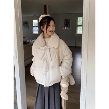 白色棉衣女冬季2025年新爆款寬松加厚小眾毛領保暖麵包服棉襖外套